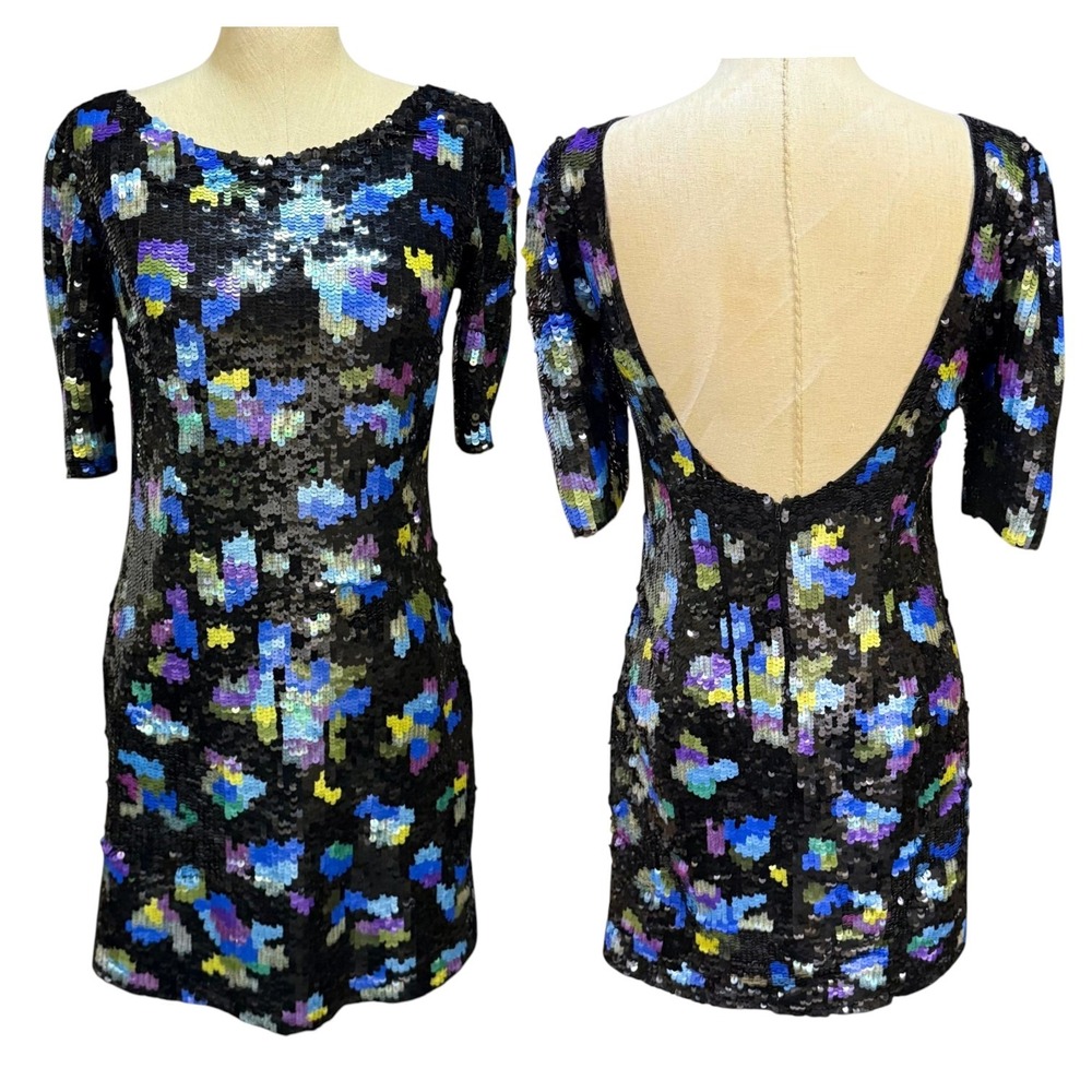 VTG Tracy Reese 4 Floral Sequin Mini Dress Blue Scoop Back Party Glam Evening